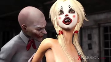 Play Porno animat 3D: Mască de clovn cu cocoș mare Plăceri ciudate Sclavă păsărică rasă într-o cameră abandonată